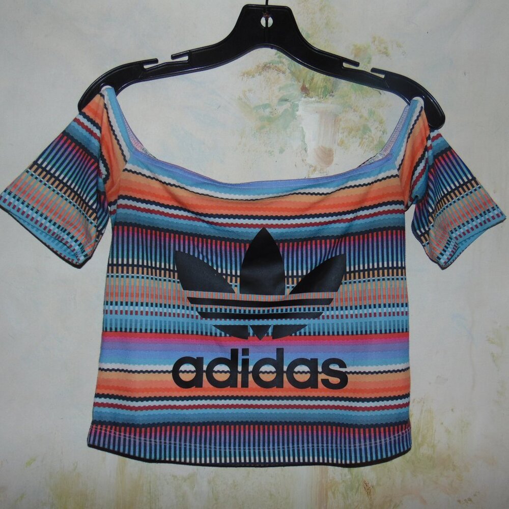 Adidas Multicolor Striped Square Neck Cropped Activewear Gym Workout Top Small